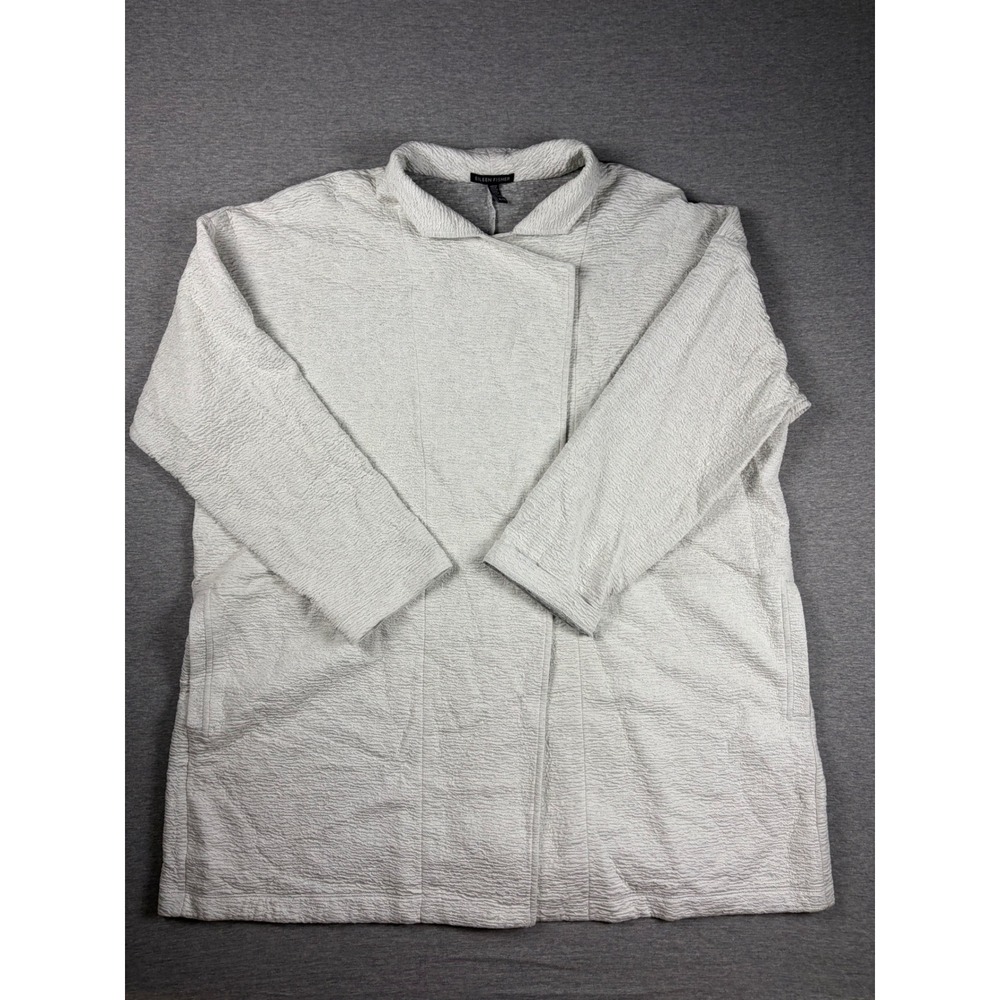 Eileen Fisher Jacket XL Crinkled Crepe Snap Front Long Sleeve Gray White S18WBE